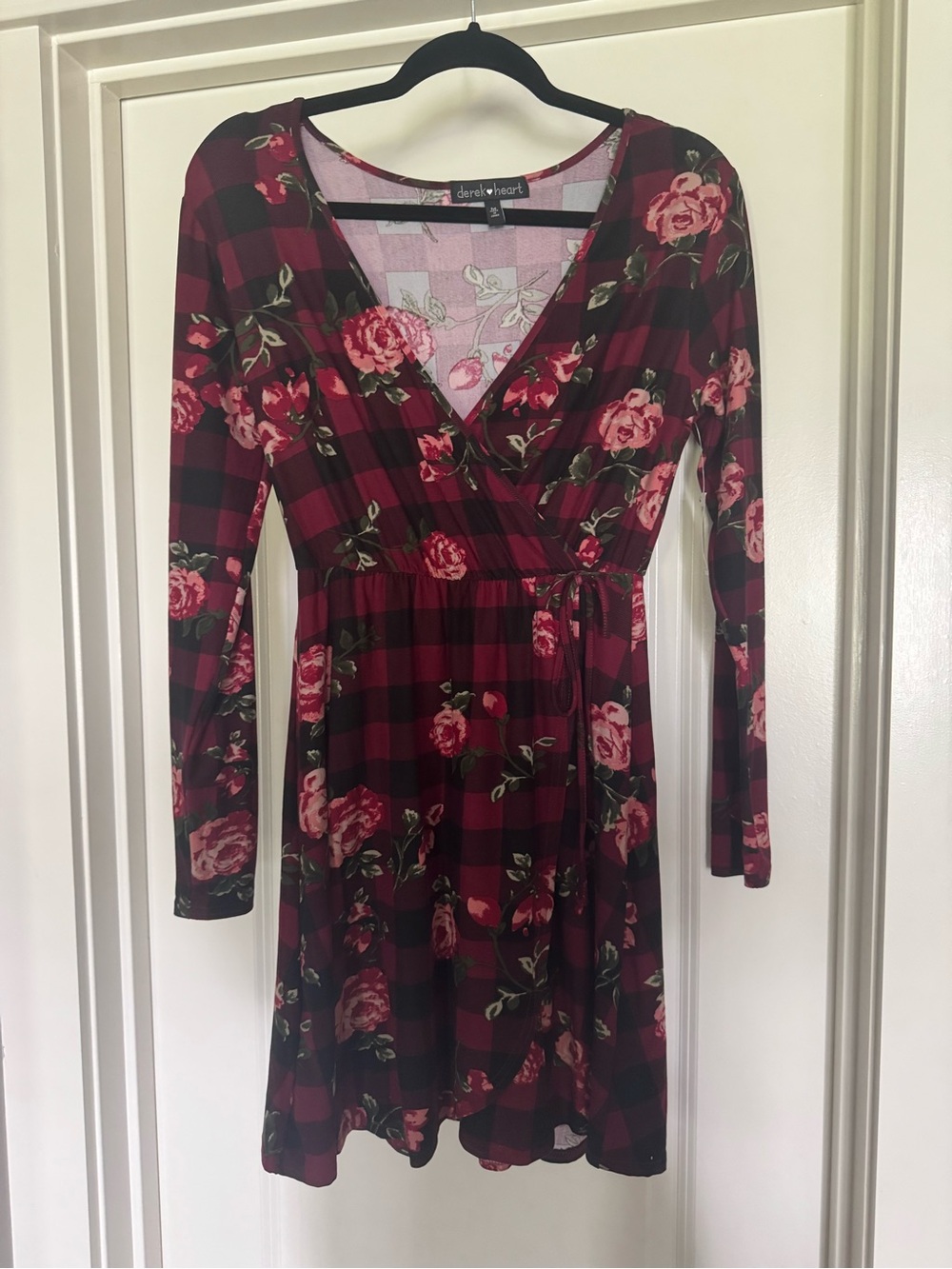 NWT Derek Heart Buffalo Plaid Floral Faux Wrap Dress Size M